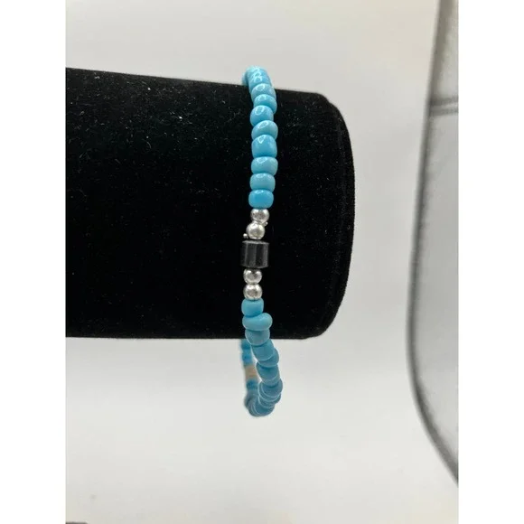 Turquoise Seed, Silver-tone & Steel Gray Beaded Anklet Bracelet Handmade! - Picture 4 of 4